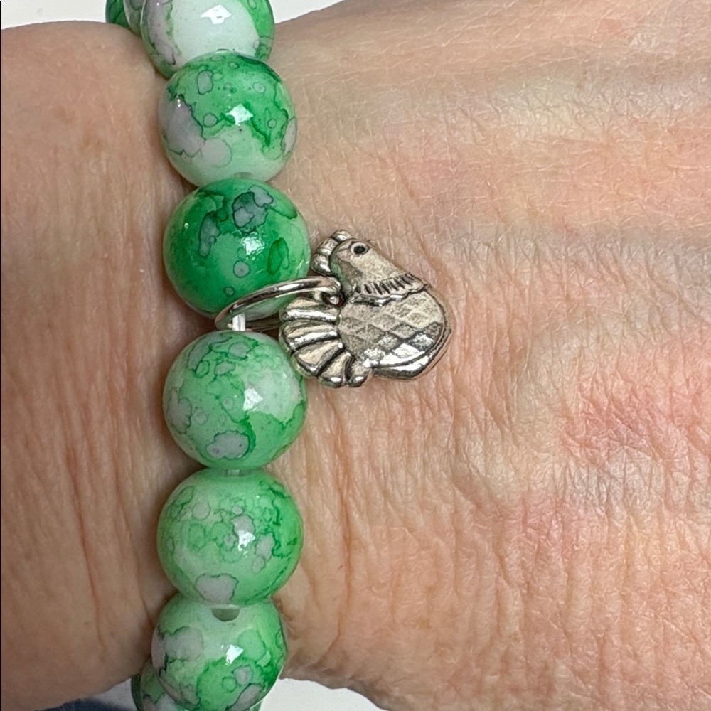 Watercolor Green Pink Glass Beaded Bracelet with rooster Charm